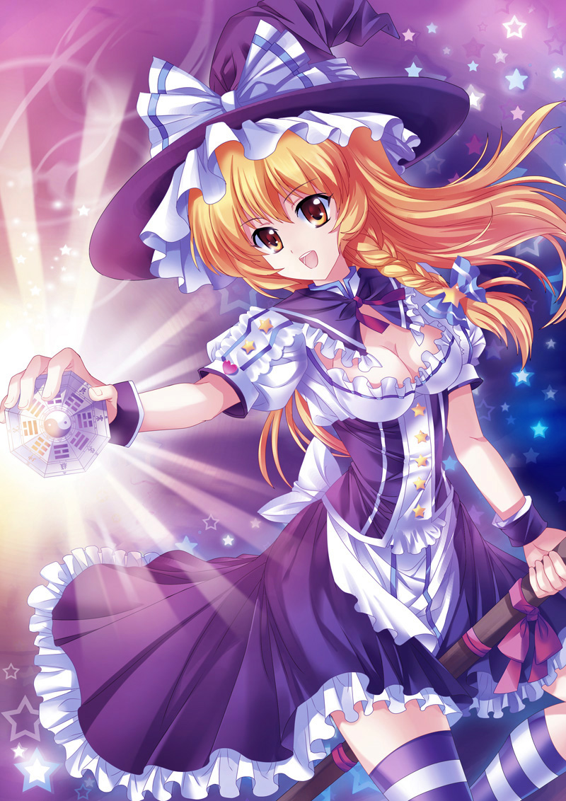 pico (picollector79), kirisame marisa, touhou, bad id, bad pixiv id, 1girl, :d, blonde hair, bow, braid, breasts, broom, brown eyes, cleavage, female focus, hair ribbon, hat, medium breasts, mini-hakkero, open mouth, ribbon, smile, socks, solo, star (symbol), striped clothes, striped socks, striped thighhighs, thighhighs, witch, witch hat, wrist cuffs