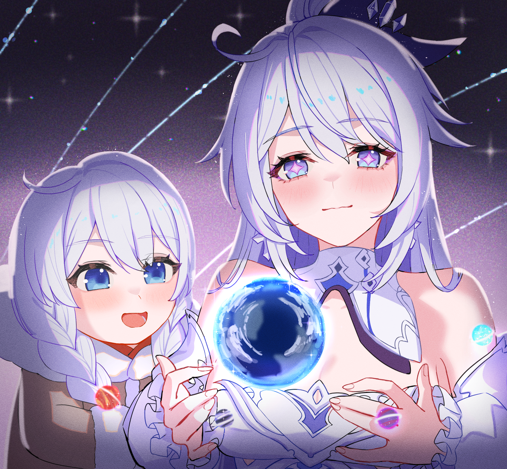 kuwahara taiki, kiana kaslana, kiana kaslana (herrscher of finality), honkai (series), honkai impact 3rd, commentary request, highres, 2girls, aged down, ahoge, bare shoulders, blue eyes, braid, breasts, cleavage, diamond-shaped pupils, diamond (shape), dress, dual persona, large breasts, long hair, multiple girls, planet, sky, smile, star (sky), starry sky, symbol-shaped pupils, twin braids, upper body, very long hair, white dress, white hair