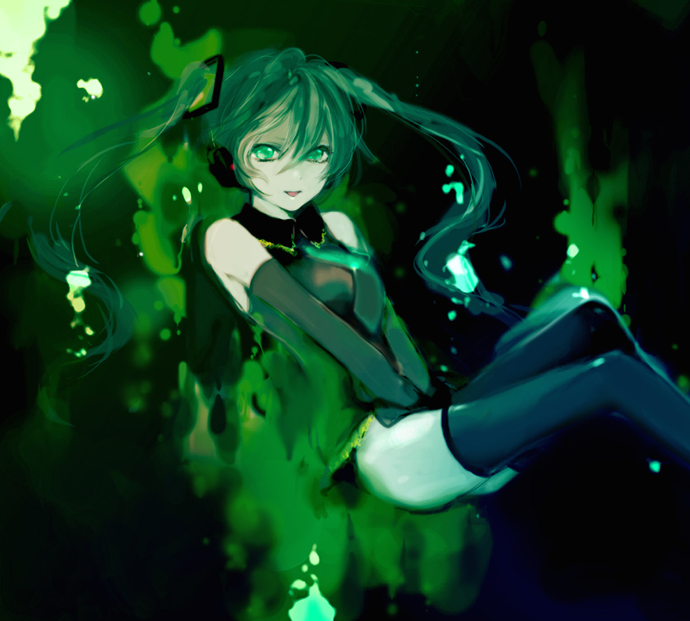 yokoyari mengo, yori (piapro), hatsune miku, vocaloid, 1girl, aqua eyes, detached sleeves, female focus, green hair, headphones, long hair, smile, solo, thighhighs, twintails, underwater