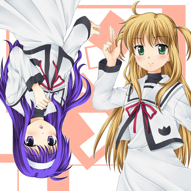 467 (artist), arisa bunnings, tsukimura suzuka, lyrical nanoha, mahou shoujo lyrical nanoha, bad id, bad pixiv id, 00s, 2girls, blonde hair, blush, green eyes, hairband, long hair, multiple girls, purple eyes, purple hair, rotational symmetry, school uniform, short twintails, smile, twintails, upside-down