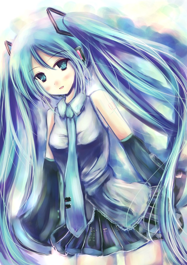 abudala, hatsune miku, vocaloid, 1girl, aqua eyes, aqua hair, detached sleeves, female focus, headset, long hair, necktie, skirt, solo, twintails, very long hair