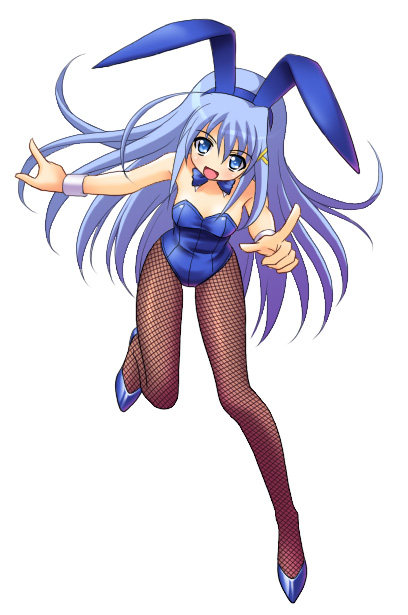 masakichi (crossroad), reinforce zwei, lyrical nanoha, mahou shoujo lyrical nanoha, mahou shoujo lyrical nanoha strikers, 00s, animal ears, blue eyes, blue hair, fake animal ears, fishnet pantyhose, fishnets, long hair, pantyhose, playboy bunny, pointing, rabbit ears, solo