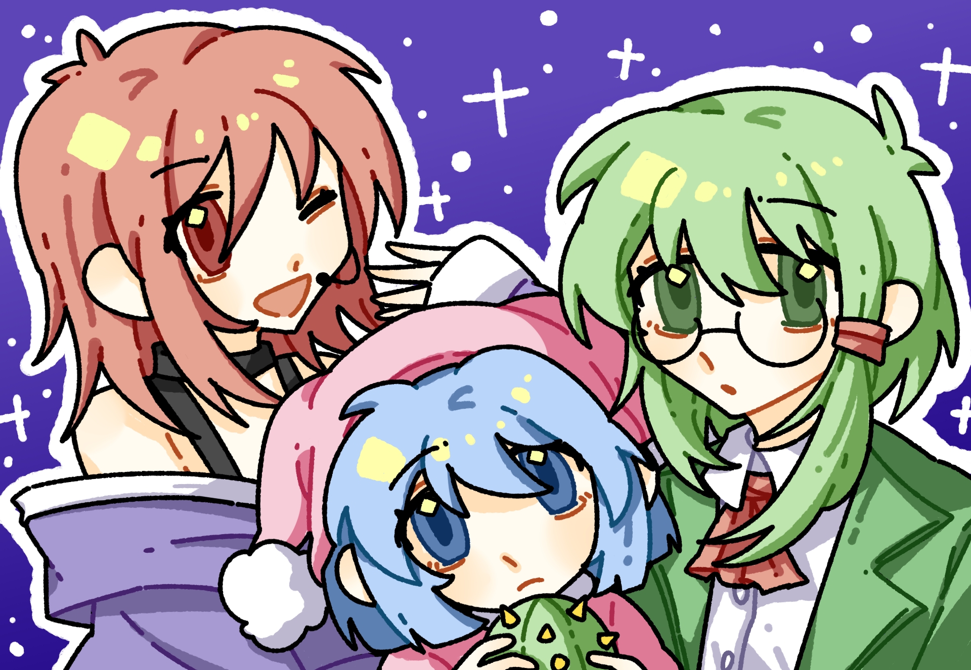 felia (seihou), ilia (seihou), tolia (seihou), seihou, commentary request, highres, 3girls, bai he, black choker, blue background, blue hair, cactus, choker, dress, glasses, green eyes, green hair, green shirt, hair tie, hat, headset, holding, holding plant, long sleeves, multiple girls, nightcap, open mouth, pajamas, pink hair, pink pajamas, plant, purple dress, red ribbon, ribbon, shirt, siblings, sisters, star (symbol), strapless, strapless dress, tri stars (seihou)