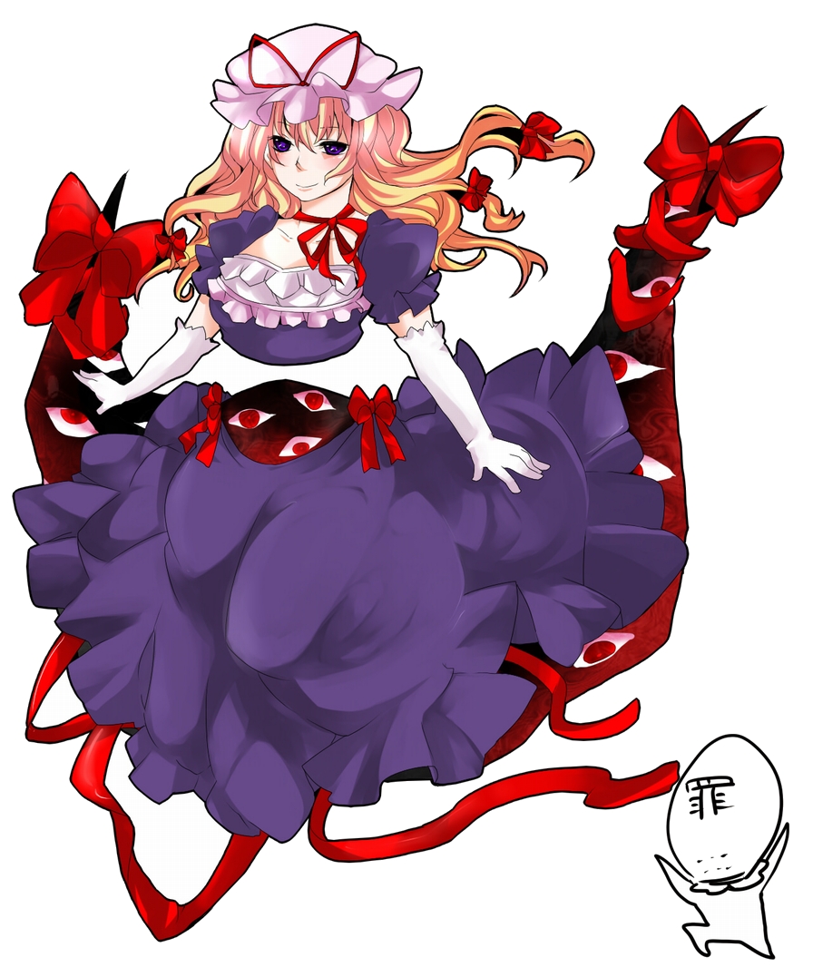 sairi (artist), sin sack, yakumo yukari, touhou, bad id, bad pixiv id, 1girl, androgynous, blonde hair, elbow gloves, gap (touhou), gloves, hair ribbon, hat, long hair, partially colored, purple eyes, ribbon, white background