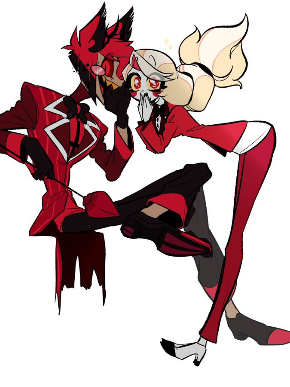 torikago 0226, alastor (hazbin hotel), charlie morningstar, hazbin hotel, hellaverse, commentary request, highres, 1boy, 1girl, blonde hair, colored sclera, covering own mouth, crossed legs, formal clothes, hands on own face, long hair, looking at viewer, monocle, red eyes, red sclera, short hair, sparkling eyes, suit, yellow sclera