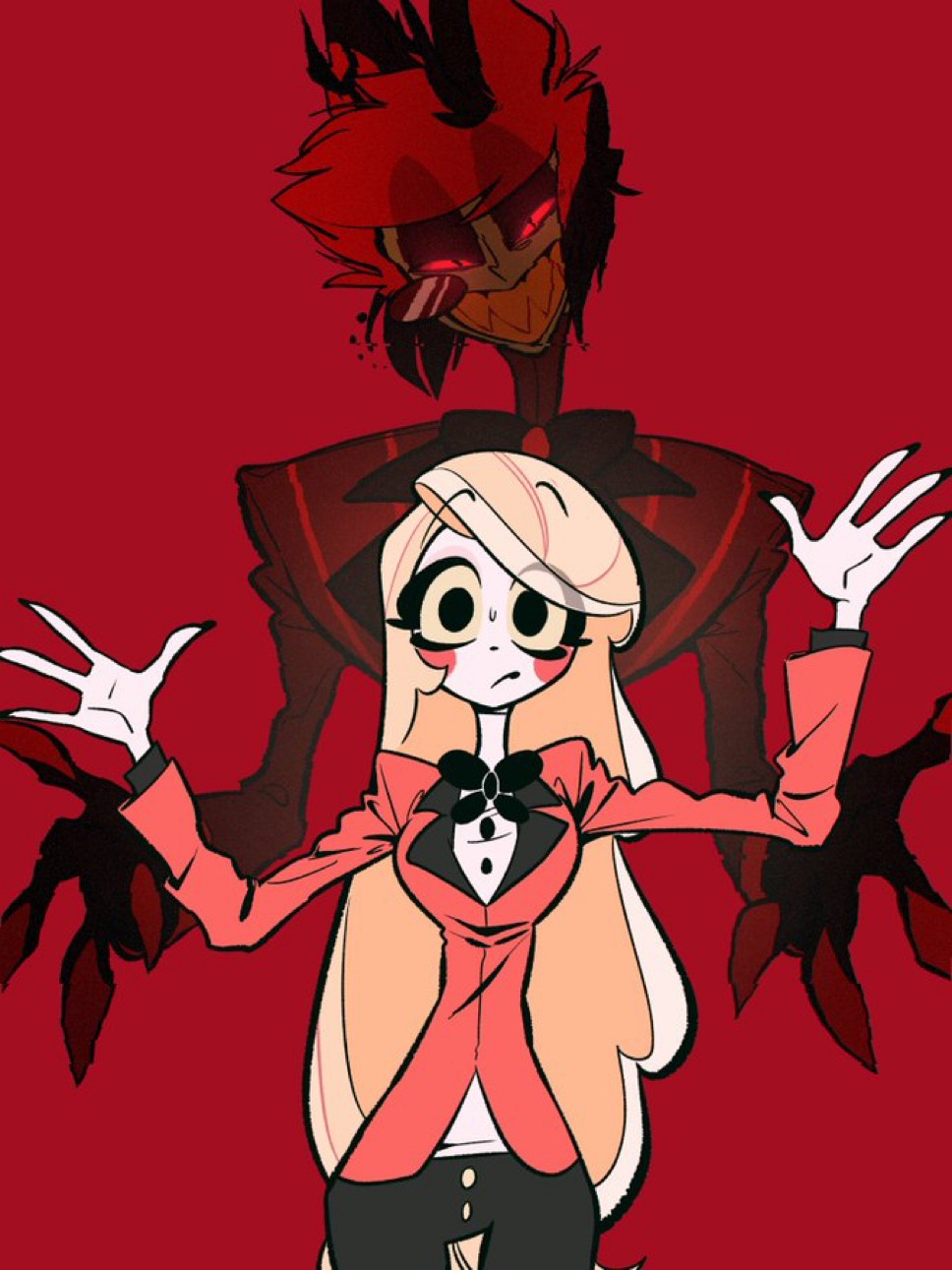 torikago 0226, alastor (hazbin hotel), charlie morningstar, hazbin hotel, hellaverse, commentary request, highres, 1boy, 1girl, black hair, blonde hair, colored sclera, evil grin, evil smile, formal clothes, grin, height difference, long hair, monocle, red background, red eyes, red sclera, short hair, simple background, smile, suit, yellow sclera