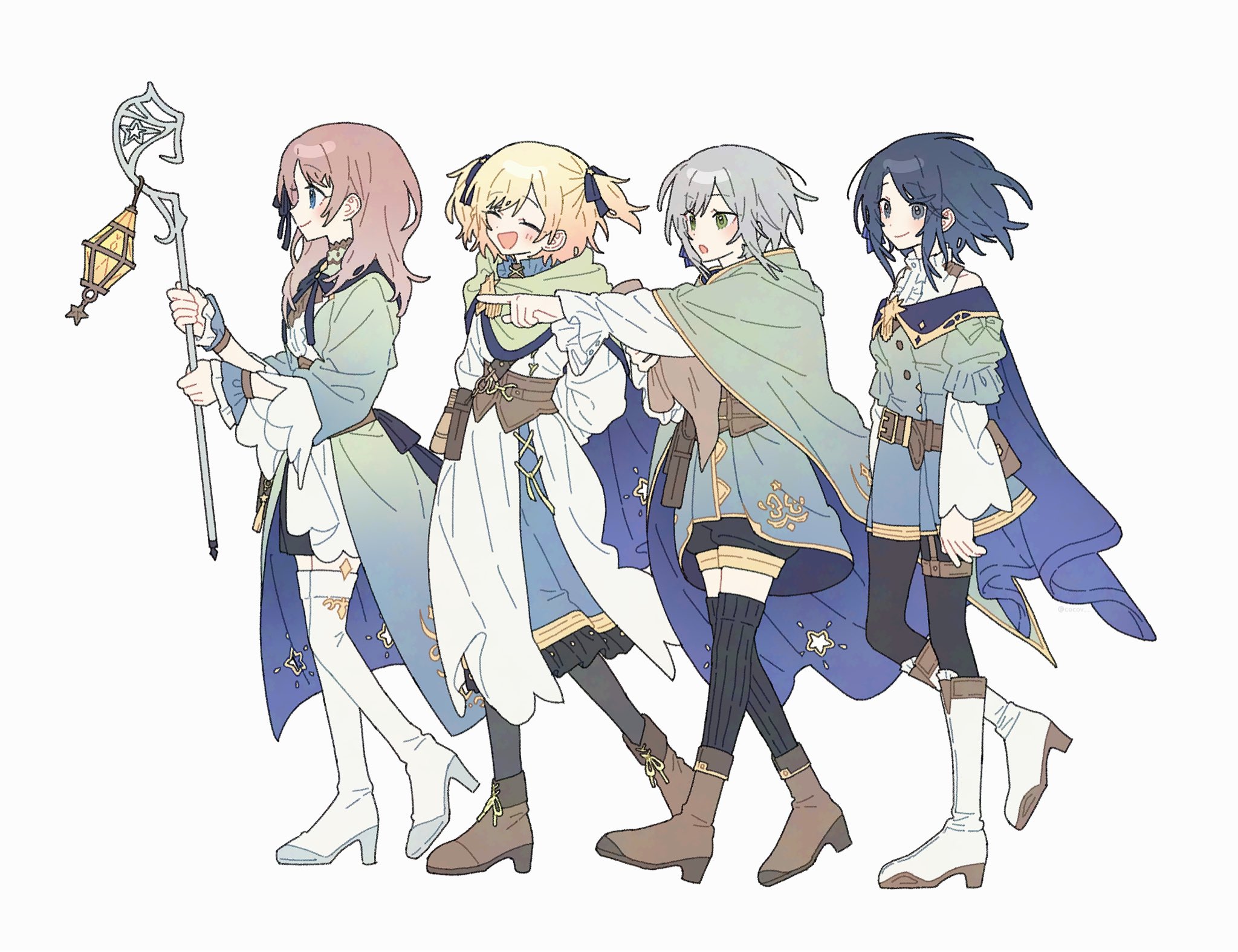 cocov, hinomori shiho, hoshino ichika (project sekai), mochizuki honami, tenma saki, project sekai, commentary, highres, symbol-only commentary, 4girls, :d, ^ ^, aogu yozora ni hoshi wa magirete (project sekai), bare shoulders, black pantyhose, black shorts, black thighhighs, blonde hair, blue coat, blue eyes, blue hair, blue skirt, boots, brown boots, brown hair, closed eyes, coat, frilled skirt, frills, gradient coat, gradient hair, green coat, grey eyes, grey hair, high heel boots, high heels, holding, knee boots, leo/need (project sekai), long sleeves, multicolored hair, multiple girls, official alternate costume, official alternate hair length, official alternate hairstyle, open mouth, orange hair, pantyhose, ribbed thighhighs, shirt, shorts, skirt, sleeveless, sleeveless shirt, smile, thigh boots, thighhighs, two side up, walking, white boots, white shirt