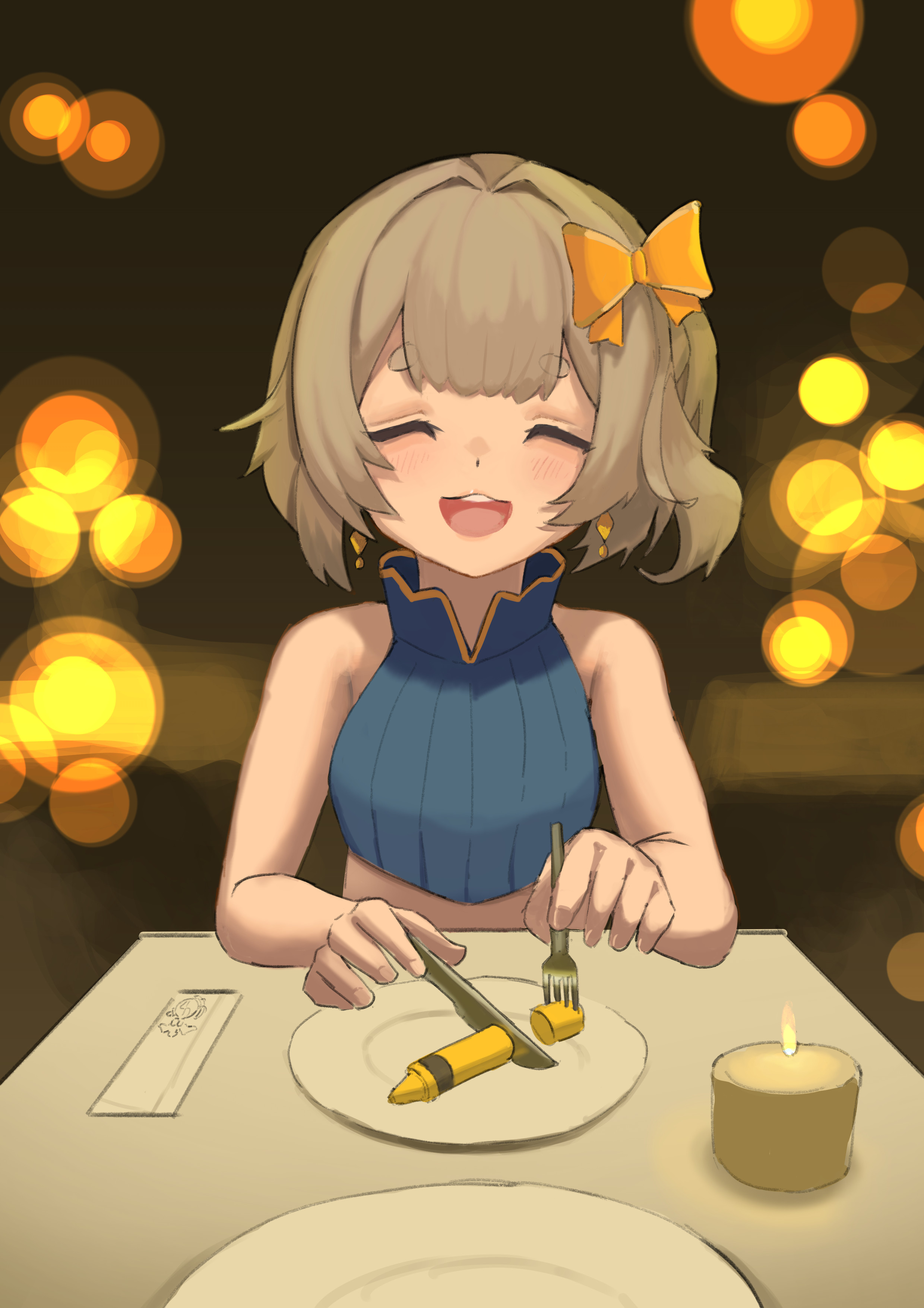 tastelikenyan, marimari (vtuber), phase connect, absurdres, commentary, english commentary, highres, 1girl, :3, :d, bare shoulders, bow, breasts, candle, closed eyes, crayon, crop top, dating, earrings, fork, holding, holding knife, jewelry, knife, light blush, open mouth, orange bow, plate, pov, side ponytail, small breasts, smile, table, virtual youtuber, white hair