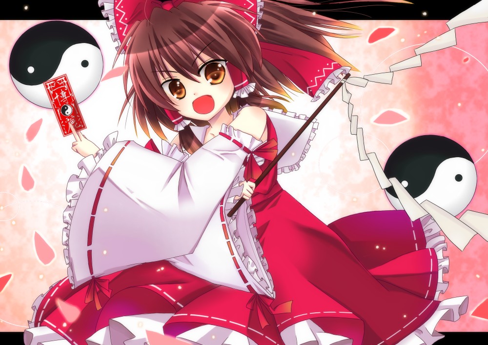 natsumikan, hakurei reimu, touhou, bad id, bad pixiv id, 1girl, bow, brown hair, detached sleeves, female focus, gohei, gradient background, hair bow, japanese clothes, miko, ofuda, short hair, solo, white background, yellow eyes, yin yang