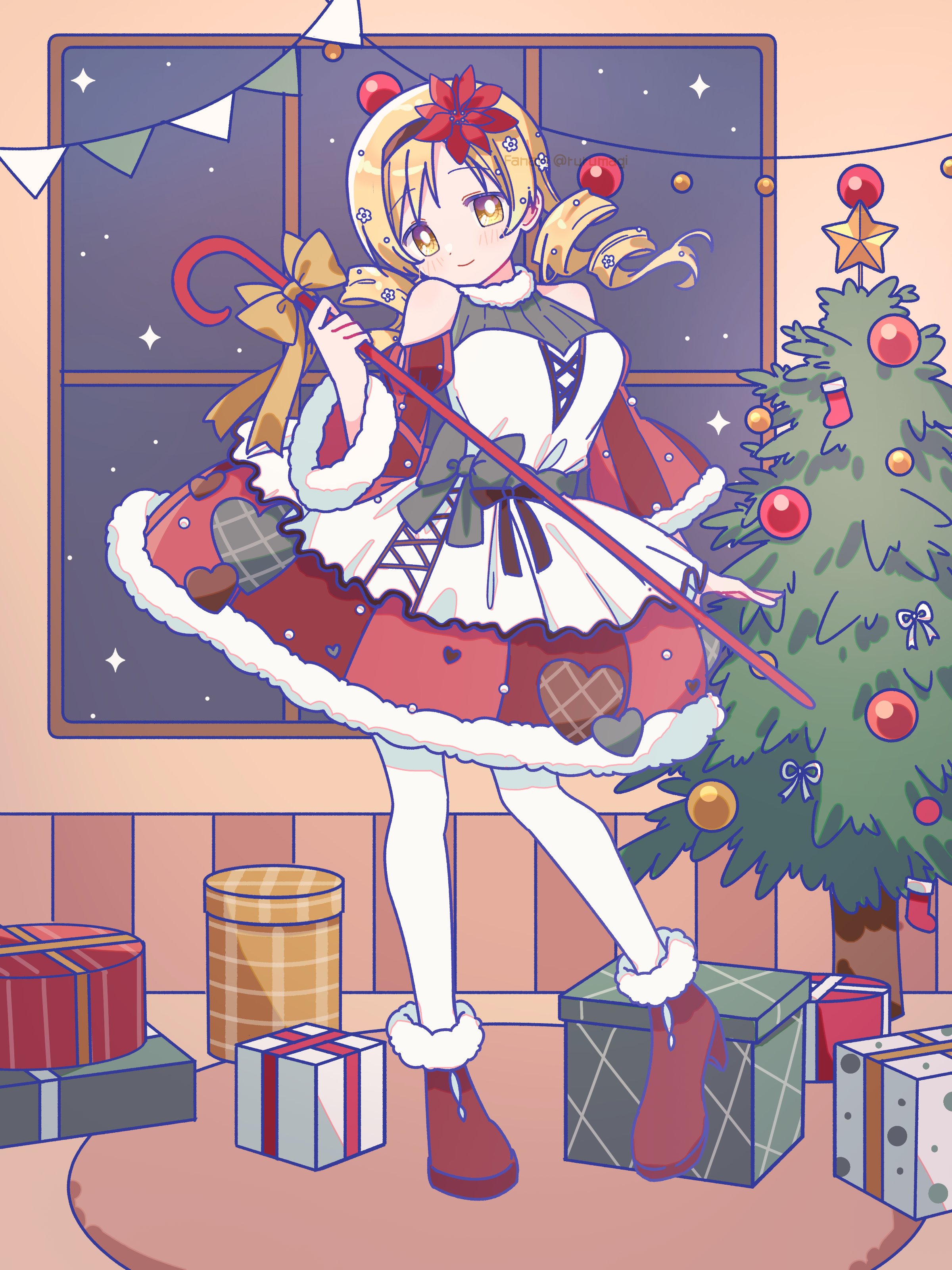 ruru (rurumagi), tomoe mami, tomoe mami (magical girl), mahou shoujo madoka magica, absurdres, commentary request, highres, 1girl, blonde hair, boots, box, cane, christmas tree, dress, drill hair, flower, full body, gift, gift box, hair flower, hair ornament, holding, holding cane, indoors, long hair, looking at viewer, night, red boots, red dress, smile, snowing, solo, standing, thighhighs, white thighhighs, window, yellow eyes