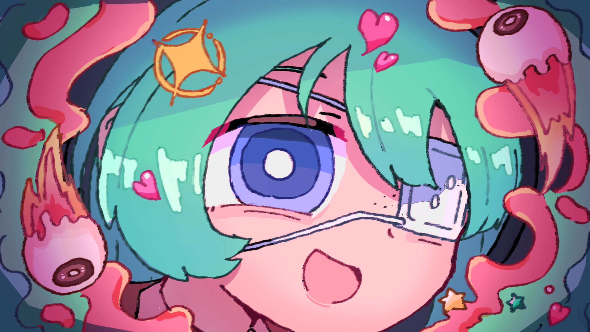 sasugane watashi, hatsune miku, monitoring (vocaloid), vocaloid, commentary request, highres, 1girl, blue eyes, eyepatch, green hair, heart, looking at viewer, medical eyepatch, one eye covered, open mouth, portrait, smile, solo