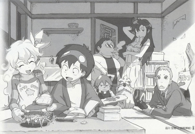shinagawa hiroki, boota (ttgl), gimmy adai, leeron littner, nia teppelin, old coco, simon (ttgl), yoko littner, maison ikkoku, tengen toppa gurren lagann, 3boys, 3girls, breasts, cleavage, crossover, flower, goggles, goggles on head, greyscale, hair flower, hair ornament, large breasts, medium breasts, monochrome, multiple boys, multiple girls, parody