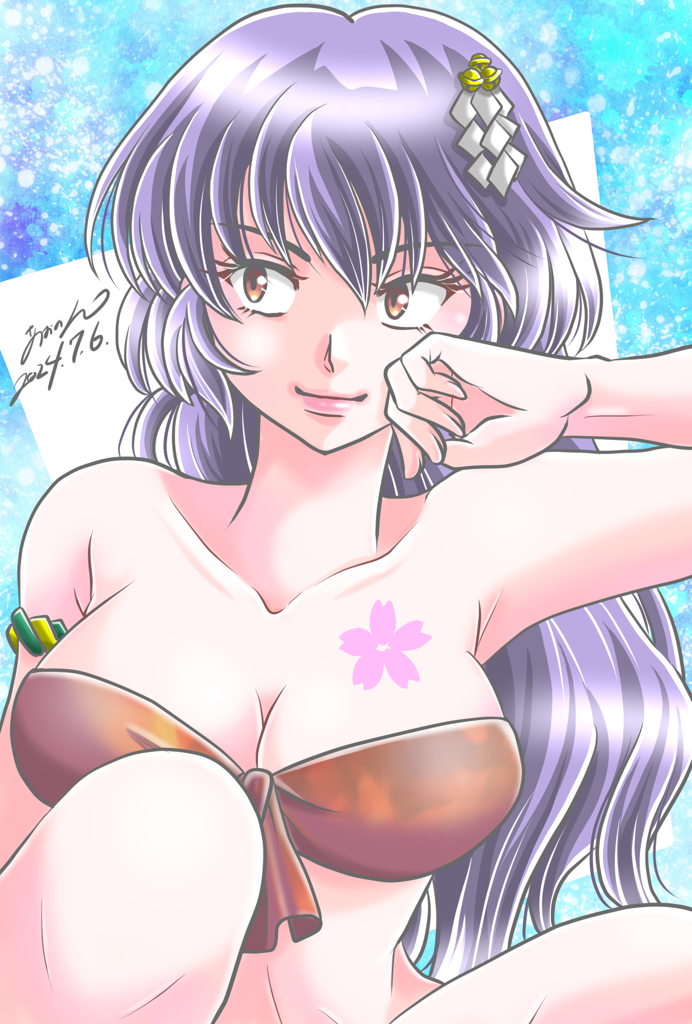 aononmi, sakura (urusei yatsura), urusei yatsura, commentary request, highres, 1girl, armband, bare shoulders, bikini, bikini top only, blue background, breast tattoo, breasts, brown bikini, cleavage, collarbone, front-tie bikini top, front-tie top, hair ornament, large breasts, light smile, long hair, looking to the side, purple hair, signature, sitting, strapless, strapless bikini, swimsuit, tattoo, yellow eyes