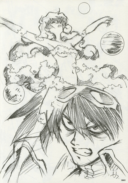 nia teppelin, simon (ttgl), tengen toppa gurren lagann, official art, 00s, aged up, digital dissolve, goggles, goggles on head, greyscale, long hair, monochrome, multicolored hair, nude, two-tone hair