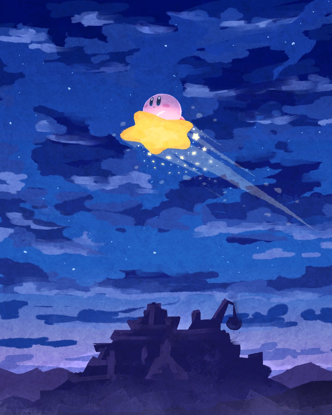 miclot, kirby, kirby (series), nintendo, commentary, highres, symbol-only commentary, blue eyes, blush stickers, cloud, night, no humans, outdoors, sky, warp star