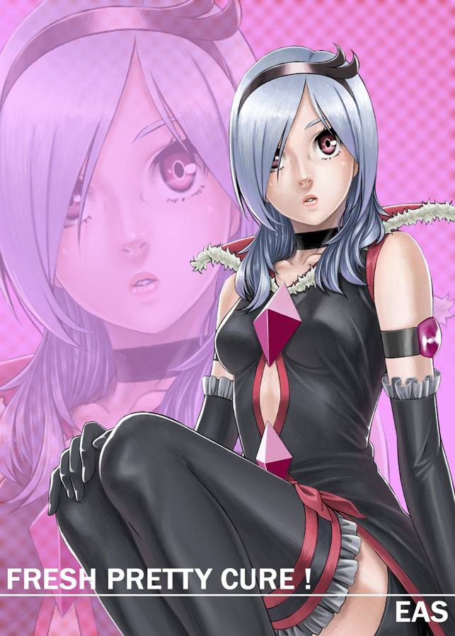 kame (pixiv), eas (fresh precure!), higashi setsuna, fresh precure!, precure, black neckwear, silver hair, 00s, 1girl, choker, elbow gloves, female focus, gloves, hairband, long hair, pink eyes, solo, thighhighs, zoom layer