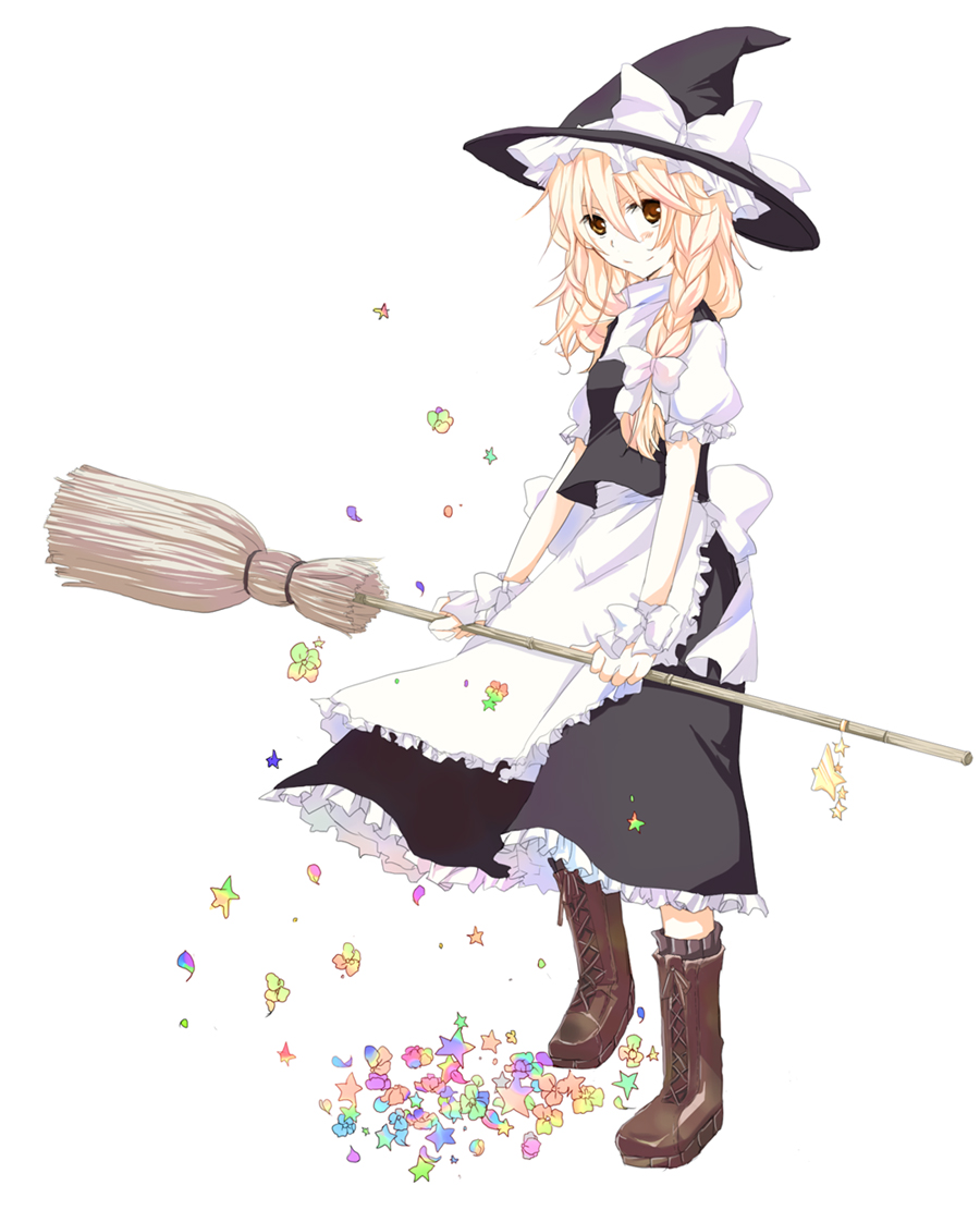 poprication, kirisame marisa, touhou, bad id, bad pixiv id, 1girl, blonde hair, boots, braid, broom, female focus, flower, hair ribbon, hat, messy hair, popri, ribbon, short hair, smile, solo, star (symbol), witch, witch hat, yellow eyes