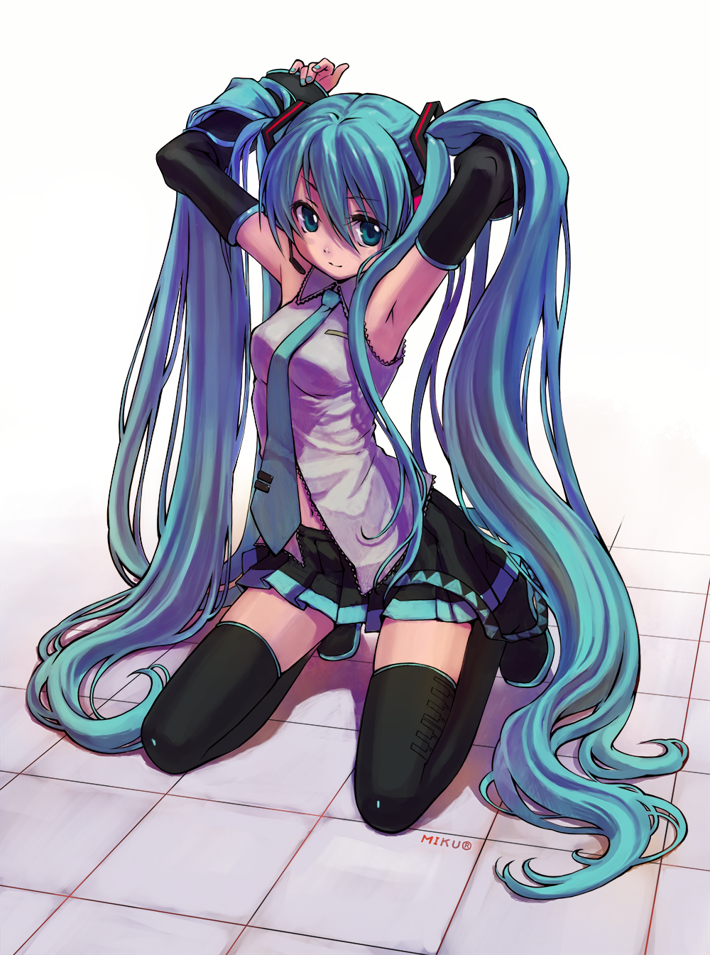 biremoko, ginta, hatsune miku, vocaloid, colorized, highres, 1girl, armpits, blue eyes, blue hair, blue nails, detached sleeves, female focus, kneeling, long hair, matching hair/eyes, nail polish, necktie, perspective, skirt, smile, solo, thighhighs, twintails, very long hair, zettai ryouiki