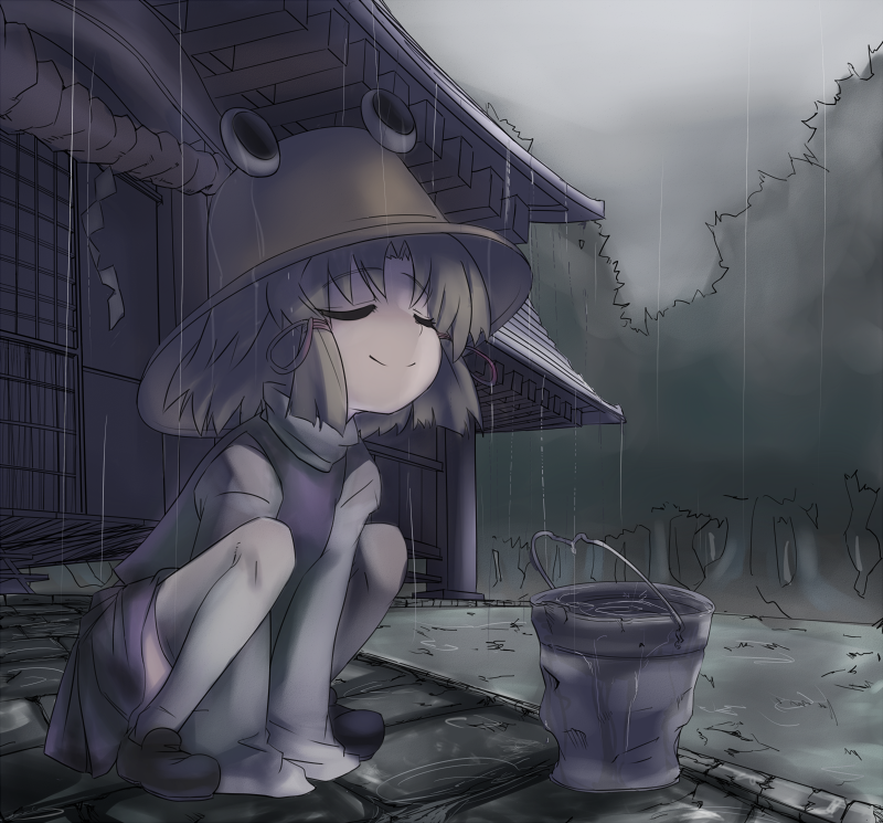 kuroda osafune, moriya suwako, touhou, 1girl, blonde hair, bucket, closed eyes, female focus, grey theme, happy, hat, long sleeves, nature, outdoors, rain, rope, shide, shimenawa, short hair, shrine, sky, sleeves past wrists, smile, solo, squatting, thighhighs