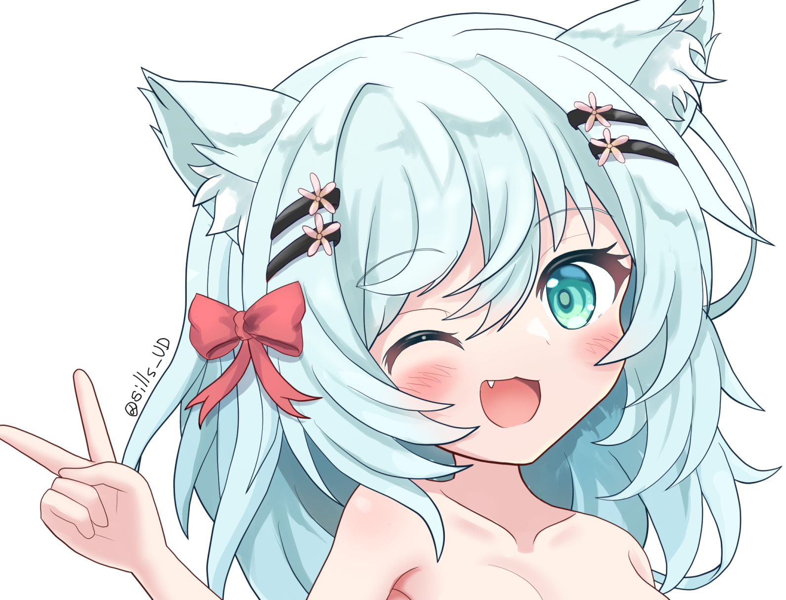sills, original, commentary request, highres, 1girl, :3, animal ear fluff, animal ears, artist name, blue hair, blush, bow, breasts, cat ears, cat girl, fang, green eyes, hair bow, hair ornament, hairclip, hand up, long hair, looking at viewer, medium breasts, one eye closed, parallel hairclips, red bow, signature, simple background, smile, solo, v, white background