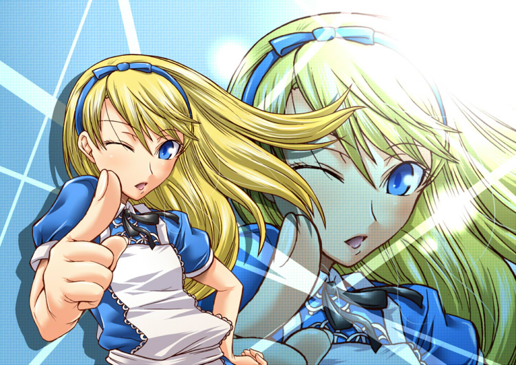 segami daisuke, alice (alice in wonderland), kuma (persona 4), alice's adventures in wonderland, atlus, persona, persona 4, 1boy, alice (alice in wonderland) (cosplay), blonde hair, blue eyes, bow, cosplay, crossdressing, crossdressing (mtf), dress, glowing, hair bow, long hair, male focus, one eye closed, ribbon, solo, trap, wink, zoom layer
