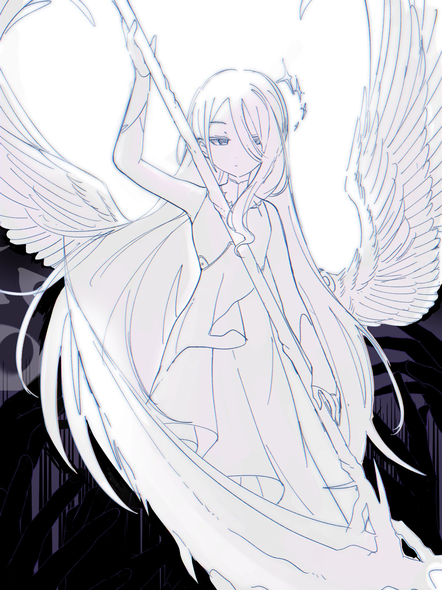 neko oudon, yoisaki kanade, project sekai, commentary request, highres, 1girl, bare shoulders, bloom festival (project sekai), closed mouth, dress, expressionless, greyscale, half-closed eyes, holding, holding scythe, holding weapon, long dress, long hair, monochrome, official alternate costume, official alternate hair length, official alternate hairstyle, scythe, sleeveless, sleeveless dress, solo, very long hair, weapon, white background, wings