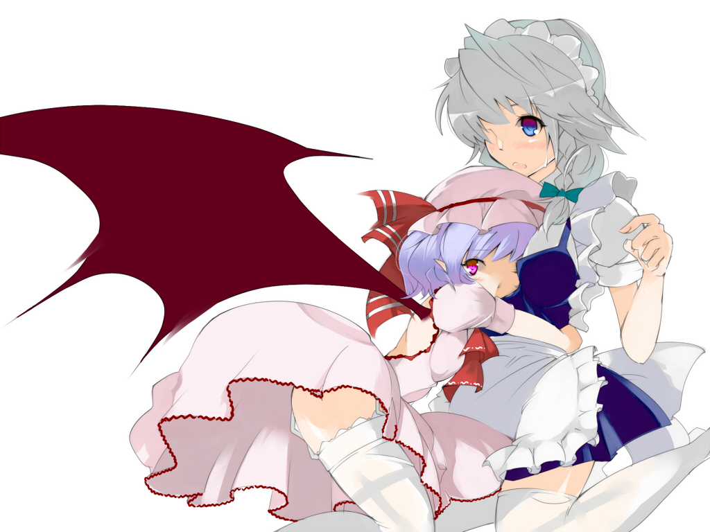 blaze (blazeillust), izayoi sakuya, remilia scarlet, touhou, light purple hair, silver hair, 2girls, bat wings, blue eyes, braid, dress, female focus, hair over one eye, hat, hug, maid, multiple girls, one eye closed, red eyes, short hair, simple background, thighhighs, twin braids, white background, wings, wink, zettai ryouiki