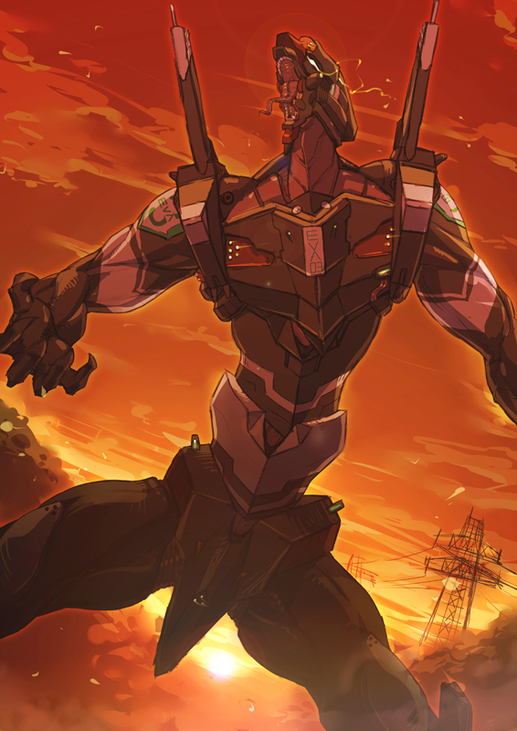 is ii, eva 03, neon genesis evangelion, cloud, fangs, glowing, glowing eyes, mecha, power lines, robot, sky, sunset