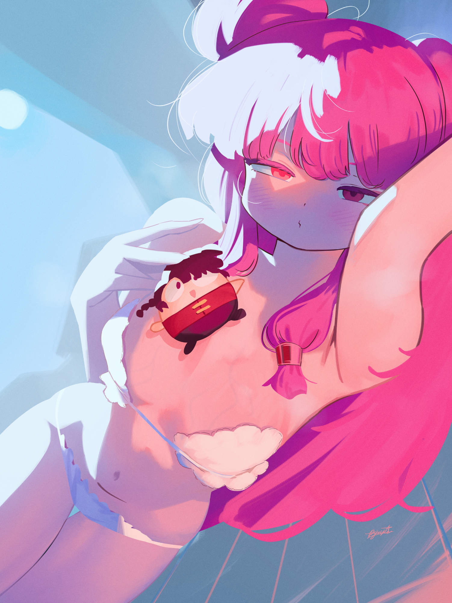 ryusei hashida, saotome ranma, shampoo (ranma 1/2), ranma 1/2, commentary, highres, 1girl, arm up, bare arms, bikini, breasts, double bun, dutch angle, hair bun, hand up, holding, holding toy, long hair, looking at viewer, purple eyes, purple hair, sidelighting, sidelocks, solo, stomach, stuffed toy, swimsuit, thighs, toy, white bikini