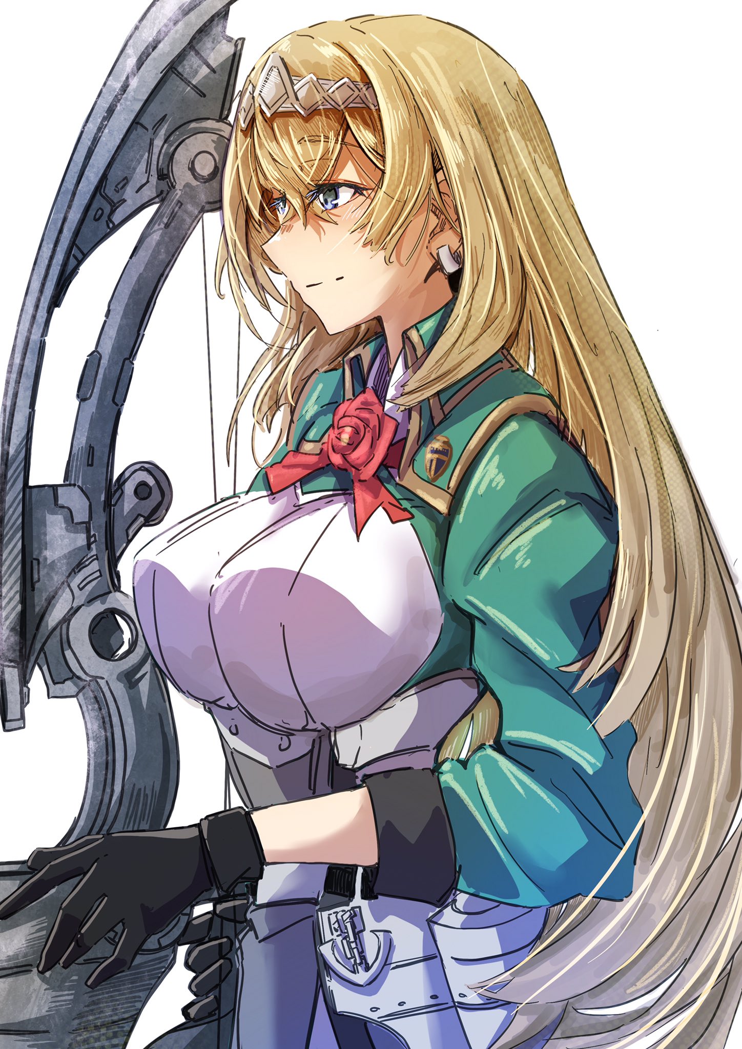 tonke, victorious (kancolle), kantai collection, commentary request, highres, 1girl, black gloves, blonde hair, blue eyes, bow (weapon), breasts, compound bow, cropped jacket, earrings, gloves, green jacket, hair between eyes, jacket, jewelry, large breasts, long hair, military uniform, solo, tiara, very long hair, weapon