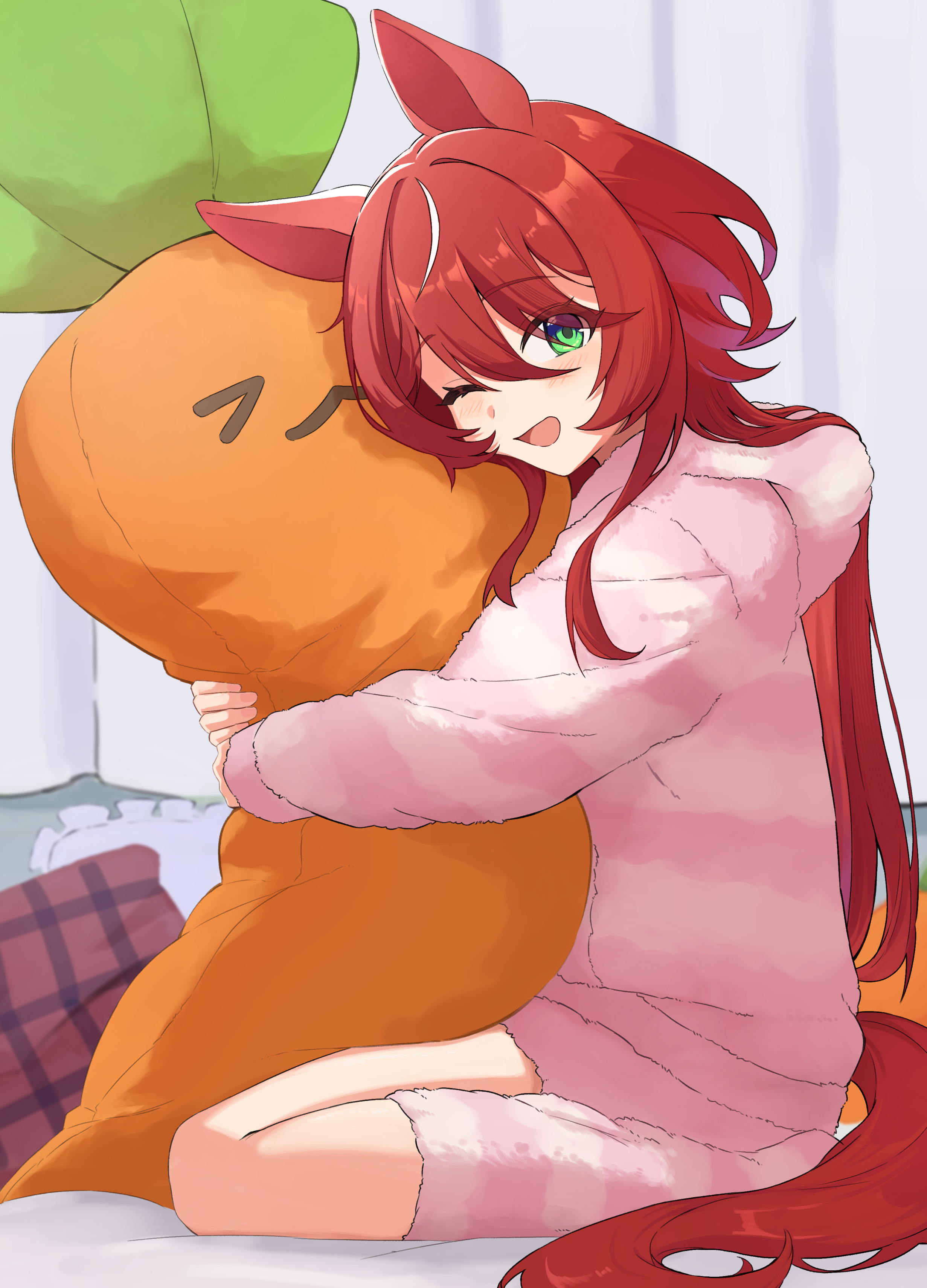 mugi mg317, win variation (umamusume), umamusume, absurdres, commentary request, highres, 1girl, animal ears, blush, carrot, green eyes, hair between eyes, hair ornament, hood, hood down, horse ears, horse girl, horse tail, hugging object, leg warmers, long hair, long sleeves, looking at viewer, one eye closed, open mouth, pajamas, pink pajamas, red hair, smile, solo, stuffed carrot, tail