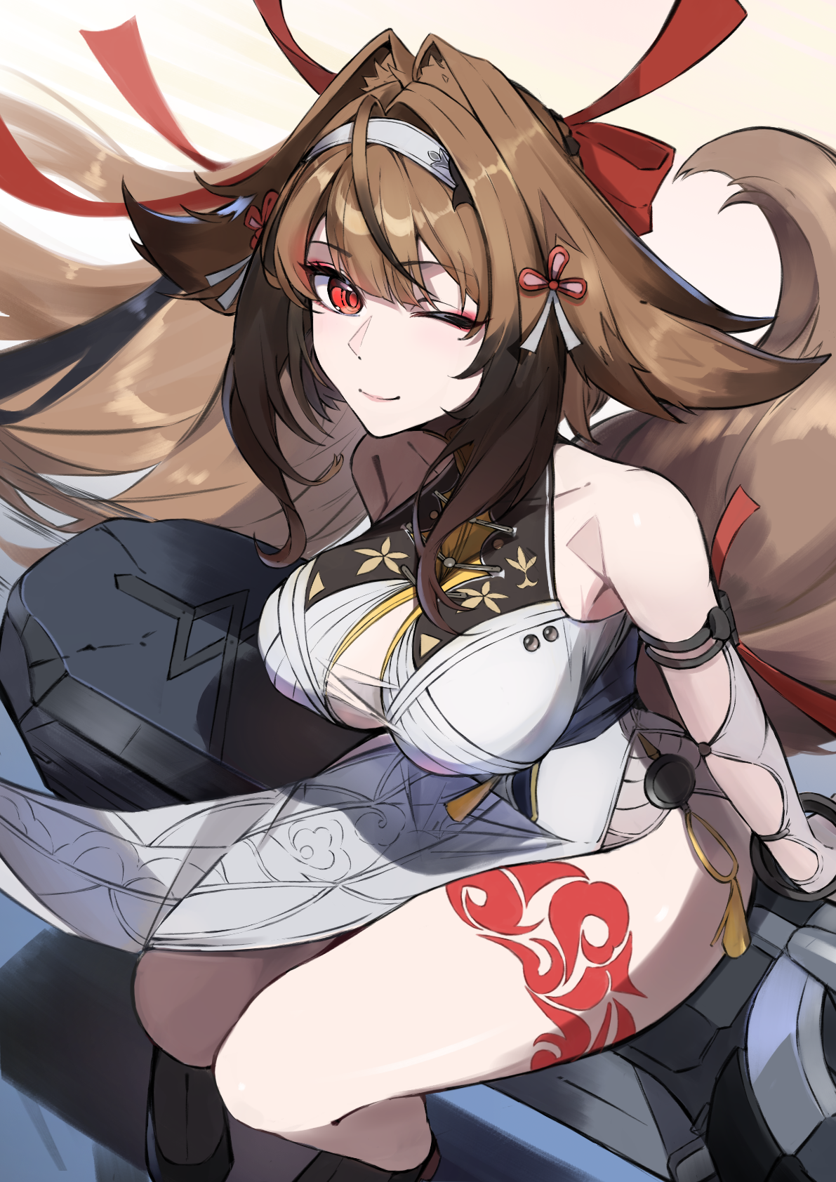 ye shunguang, zenless zone zero, commentary, highres, 1girl, animal ears, breasts, brown hair, china dress, chinese clothes, clover hair ornament, dress, fox ears, fox girl, fox tail, hair ornament, headband, large breasts, leg tattoo, multicolored hair, ribbon, sitting, sleeveless, streaked hair, tail, tattoo, thighs, user yerf5583, winking (animated)