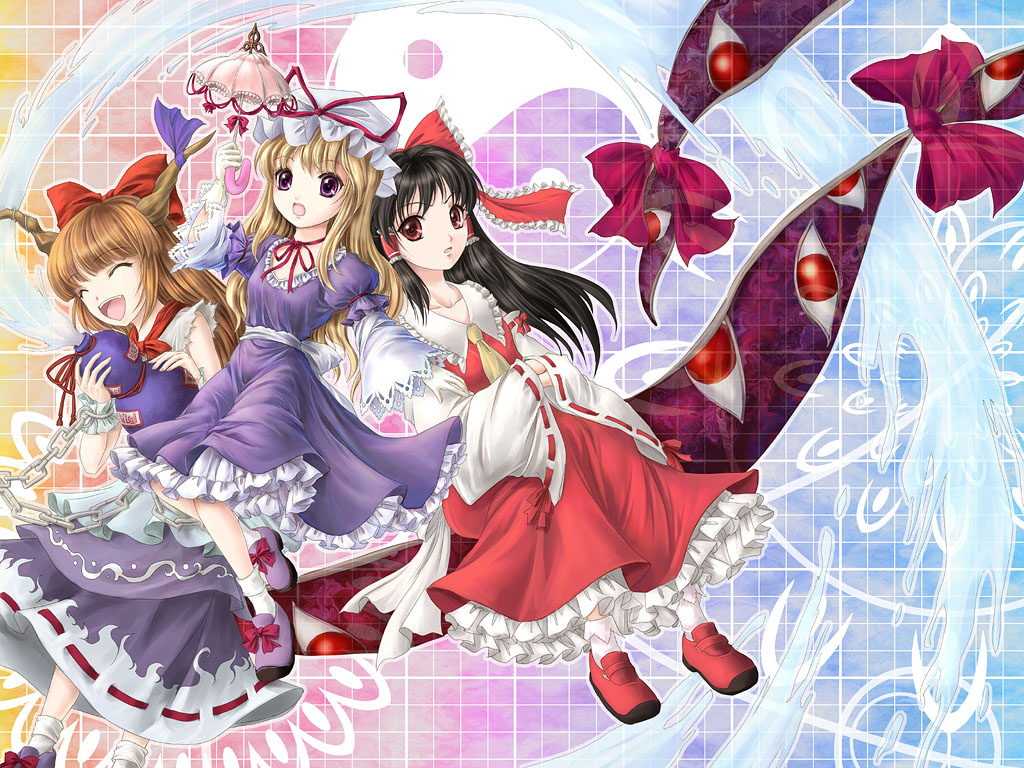 yuki shuuka, hakurei reimu, ibuki suika, yakumo yukari, yakumo yukari (young), touhou, bad id, bad pixiv id, 3girls, aged down, black hair, blonde hair, bow, brown hair, chain, detached sleeves, dress, female focus, gap (touhou), gourd, hat, horns, japanese clothes, long hair, miko, multiple girls, purple eyes, red eyes, umbrella