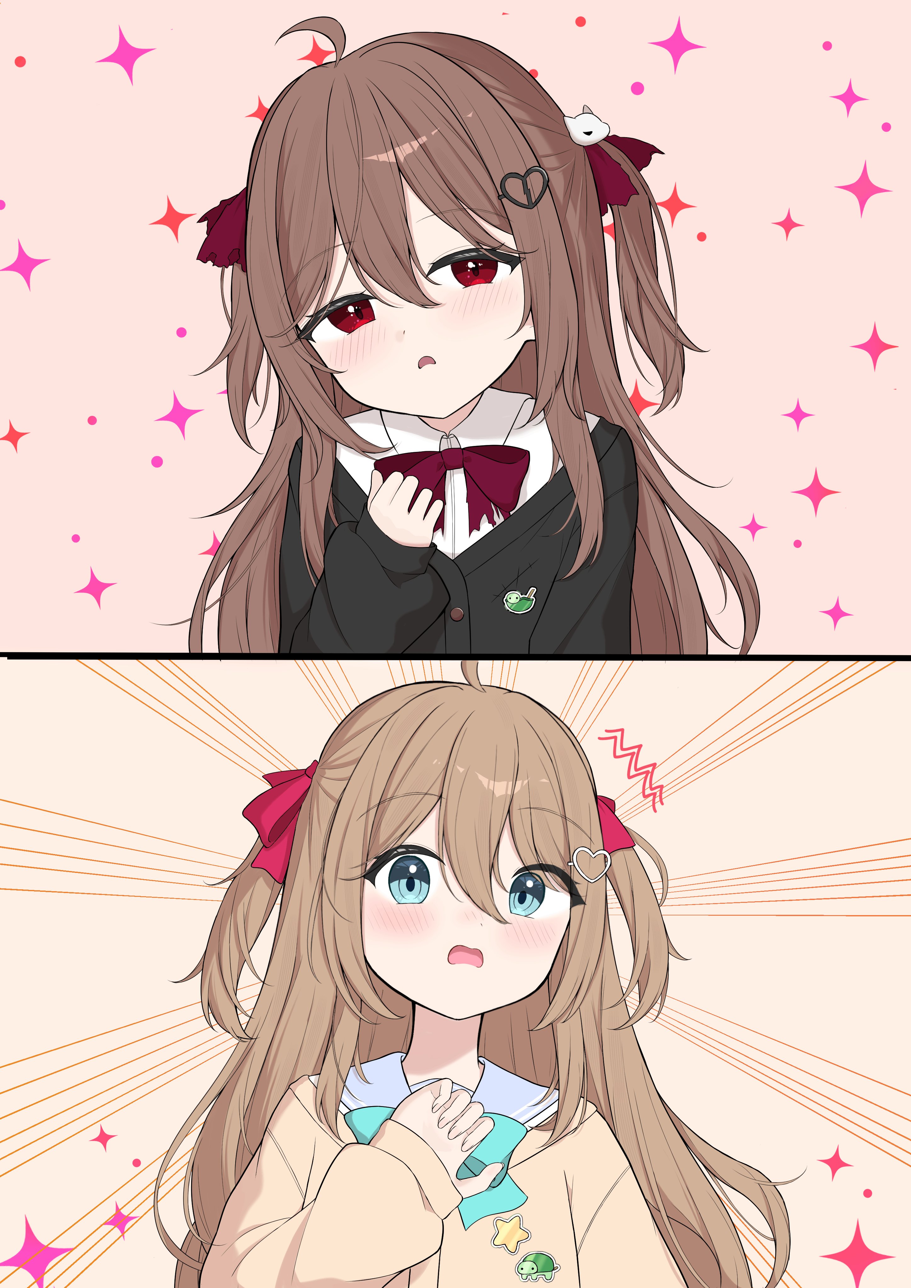 gurara, evil neuro-sama, neuro-sama, absurdres, commentary, commission, english commentary, highres, second-party source, 2girls, ahoge, aqua bow, aqua bowtie, badge, black cardigan, blue eyes, blue sailor collar, blush, bow, bowtie, broken heart, broken heart hair ornament, brown hair, button badge, cardigan, dress shirt, hair between eyes, hair ornament, heart, heart hair ornament, long hair, long sleeves, looking at viewer, multiple girls, open mouth, pov, red bow, red bowtie, red eyes, sailor collar, shirt, torn hair ribbon, two side up, upper body, vedal ai, virtual youtuber, white shirt, yellow cardigan