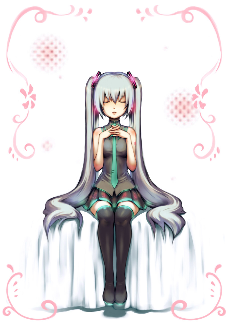 ria (rilpoppo), hatsune miku, vocaloid, 1girl, aqua hair, closed eyes, female focus, full body, grey hair, legs, long hair, necktie, sitting, skirt, solo, thighhighs, twintails, white background, zettai ryouiki