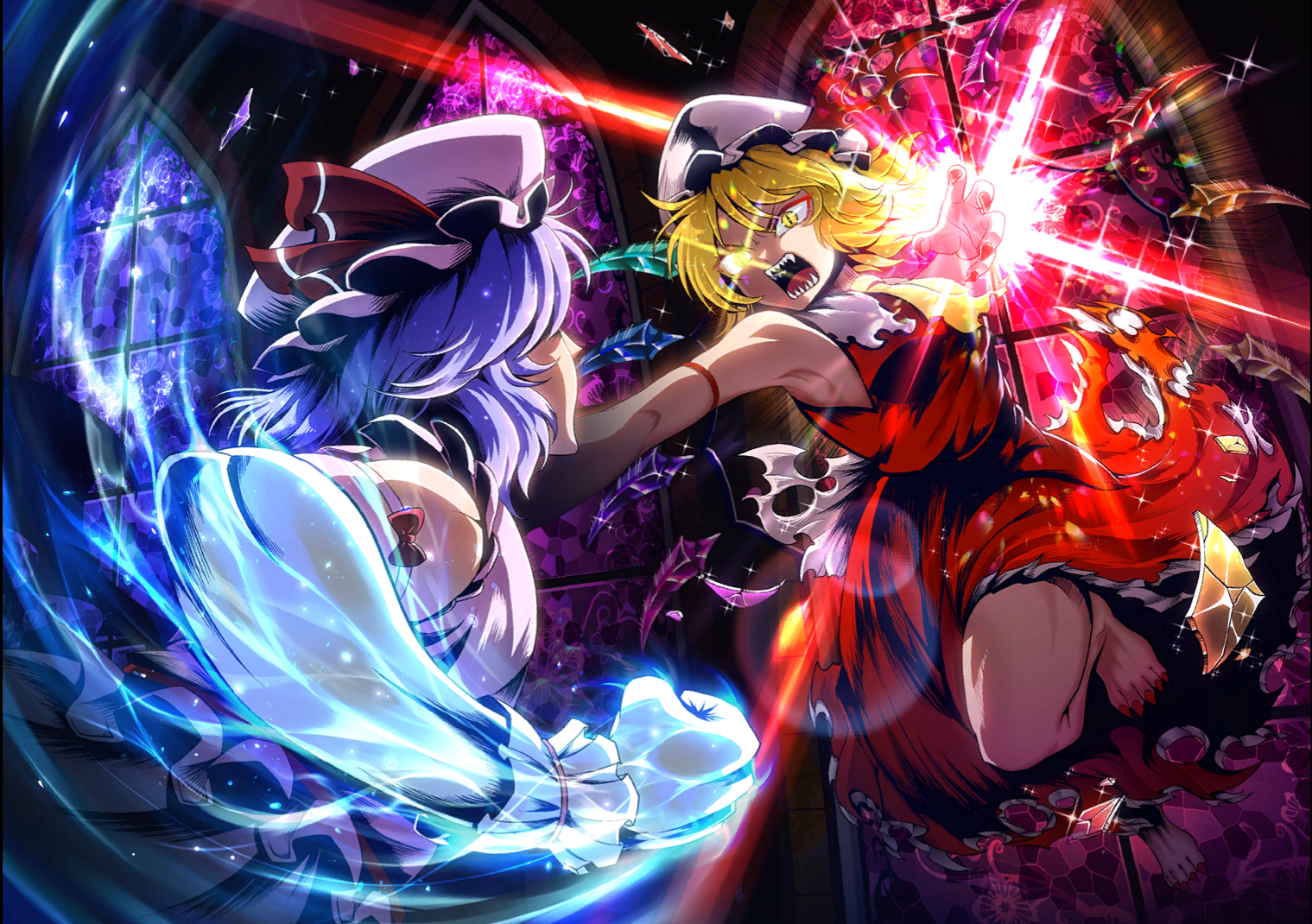 warugaki (sk-ii), flandre scarlet, remilia scarlet, touhou, touhou danmaku kagura, commentary request, 2girls, angry, armpits, ascot, barefoot, clenched hand, crystal wings, dress, energy, eyeliner, fighting, glowing, glowing arm, glowing eye, glowing fist, hat, hat ribbon, makeup, mob cap, multiple girls, open hand, open mouth, pink dress, pink hat, purple hair, red dress, red eyeliner, red nails, red ribbon, ribbon, sharp teeth, siblings, sleeveless, slit pupils, stained glass, teeth, torn clothes, wings, yellow ascot, yellow eyes