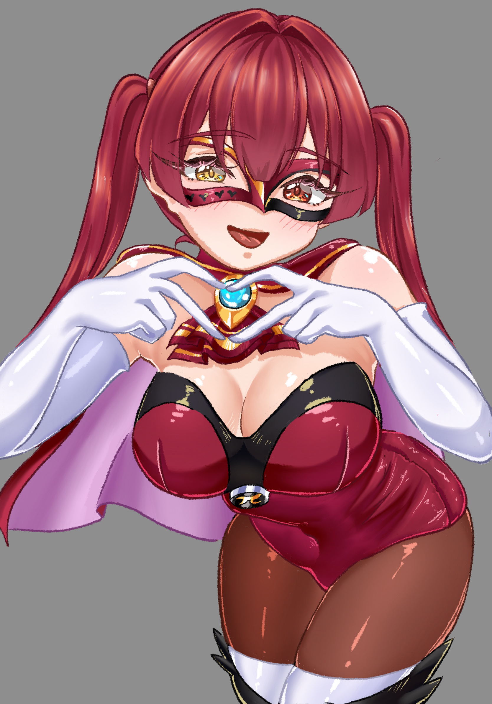 rorol reime, houshou marine, hololive, commentary request, highres, 1girl, black pantyhose, breasts, cleavage, four-finger heart hands, heart, heart hands, heterochromia, how about paipai mask? (houshou marine), large breasts, leotard, long hair, looking at viewer, official alternate costume, pantyhose, red eyes, red hair, red leotard, red mask, solo, twintails, virtual youtuber, yellow eyes