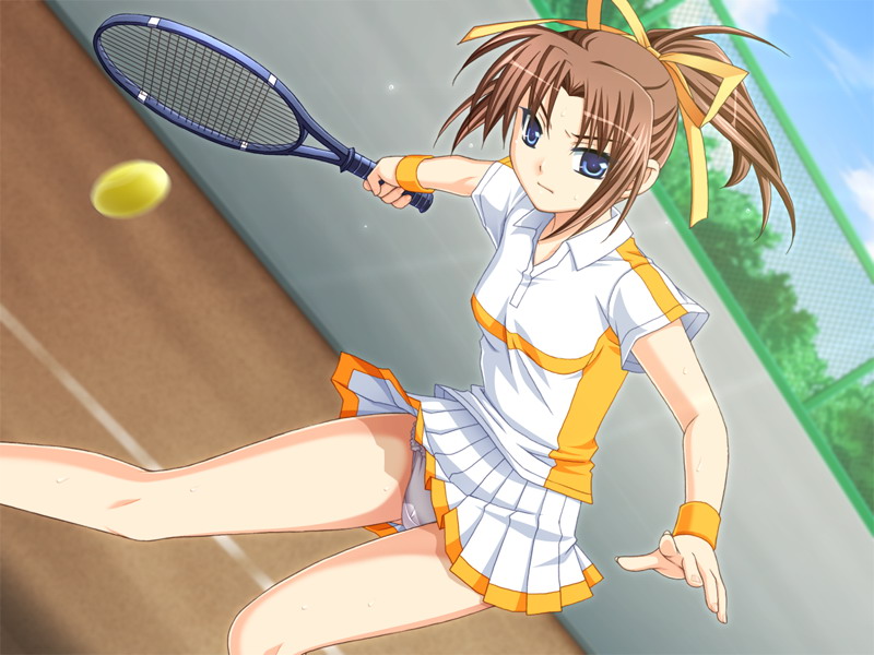 nagase shione, ero smash, game cg, 1girl, ball, blue eyes, brown hair, female focus, hair ribbon, racket, ribbon, sky, solo, sportswear, tennis, tennis ball, tennis racket, tennis uniform, wristband