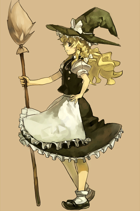 bob (biyonbiyon), kirisame marisa, touhou, 1girl, blonde hair, broom, female focus, full body, hand on own hip, hat, hip focus, long hair, profile, solo, standing, witch, witch hat