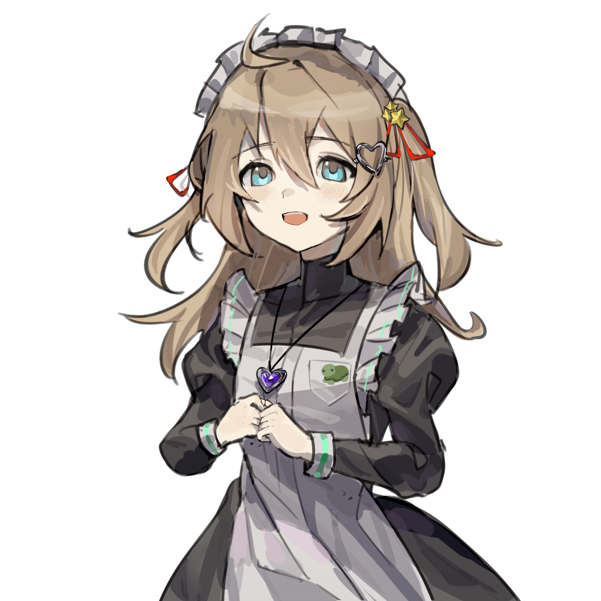 neuro-sama, hashtag-only commentary, highres, 1girl, ahoge, ame0, apron, badge, black dress, blue eyes, brown hair, button badge, dress, frilled apron, frills, from side, hair between eyes, hair ribbon, heart, heart necklace, jewelry, maid, maid apron, maid headdress, necklace, open mouth, ribbon, simple background, solo, two side up, upper body, vedal ai, virtual youtuber, white apron, white background, white headdress