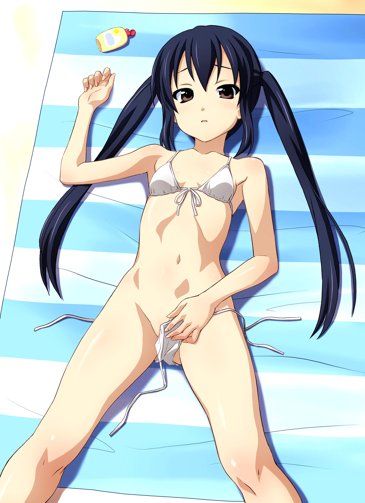 norizou type-r, nakano azusa, k-on!, highres, 00s, 1girl, beach, bikini, blue hair, blush, brown eyes, clitoris slip, day, female focus, flat chest, loli, long hair, lying, pussy, pussy peek, side-tie bikini bottom, solo, sunbathing, swimsuit, twintails, undressing