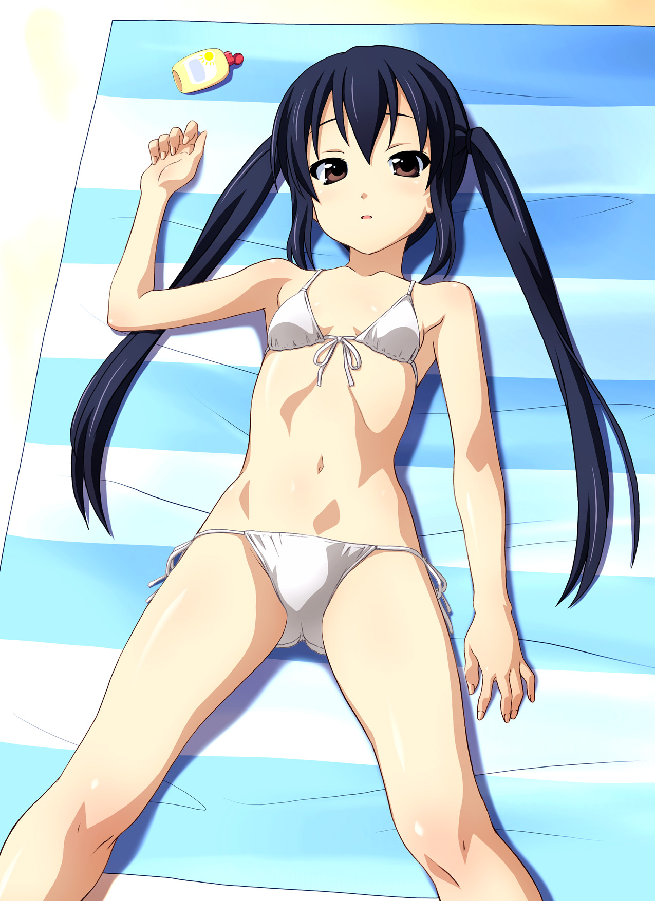 norizou type-r, nakano azusa, k-on!, highres, 00s, 1girl, beach, bikini, blue hair, blush, brown eyes, day, female focus, flat chest, long hair, lying, side-tie bikini bottom, solo, sunbathing, swimsuit, twintails, white bikini