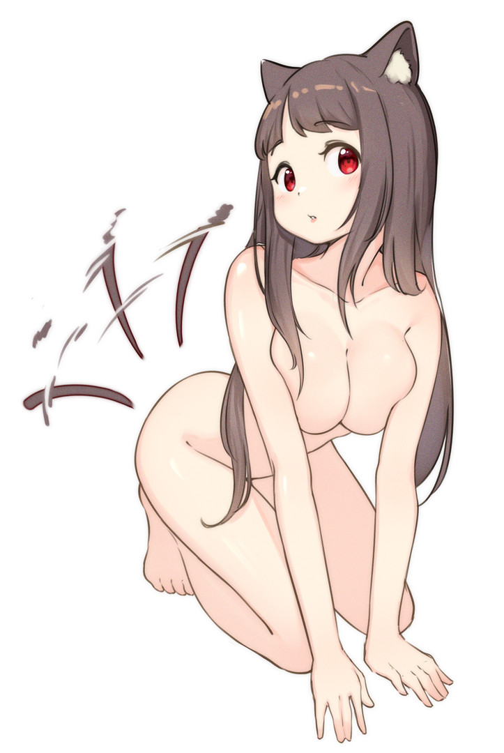 lolittleboy, original, commentary request, 1girl, :o, animal ears, barefoot, cat ears, cat girl, cat tail, collarbone, completely nude, nude, red eyes, simple background, solo, tail, tail wagging, white background
