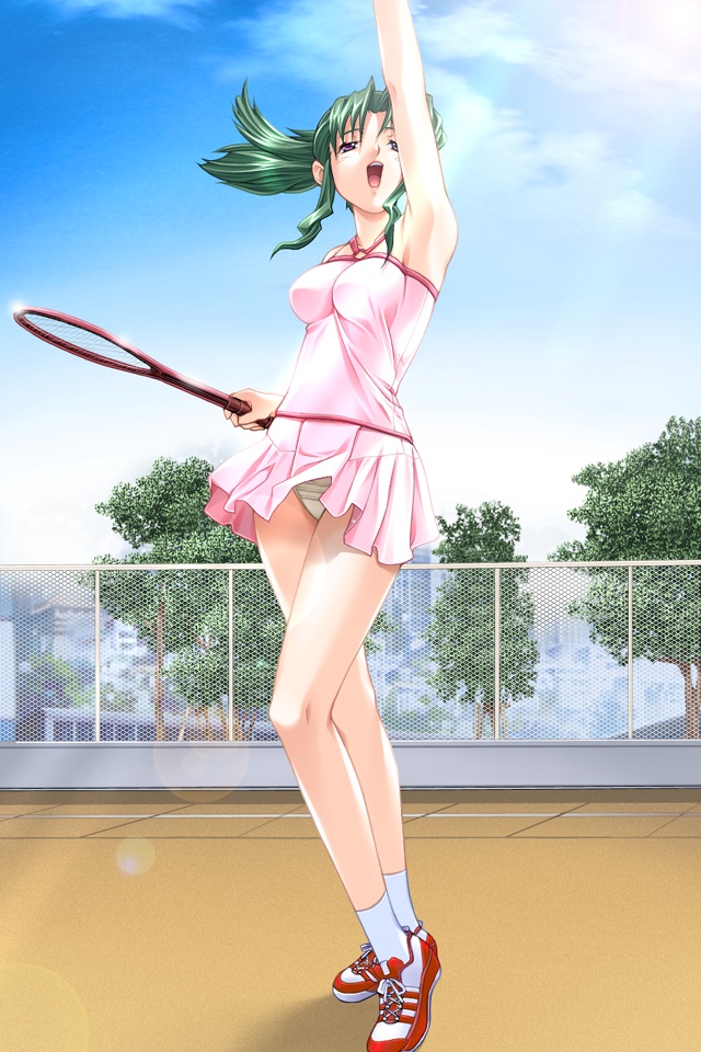 game cg, tagme, 1girl, female focus, green hair, racket, sinnin eigo kyou, sky, solo, tennis, tennis racket, upskirt