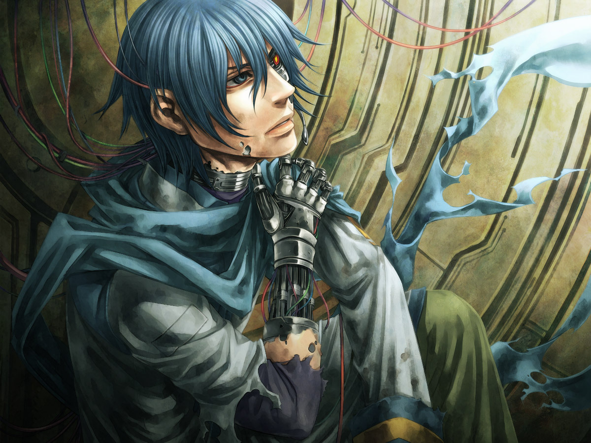 uniuni, kaito (vocaloid), vocaloid, 1boy, blue eyes, blue hair, cyborg, male focus, matching hair/eyes, red eyes, robot, scarf, short hair, solo, torn clothes