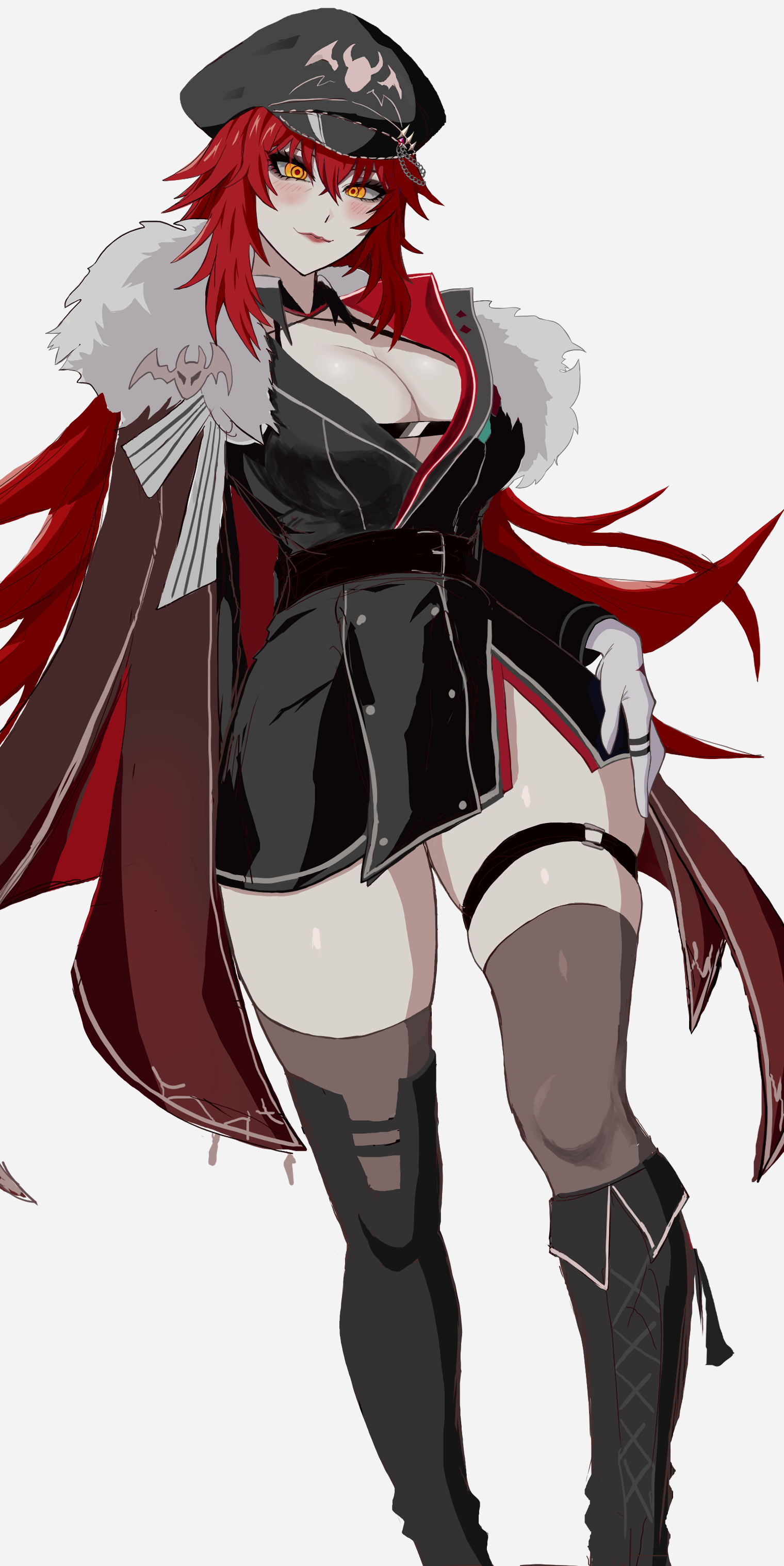 meibin, zentreya, zentreya (commander), indie virtual youtuber, absurdres, highres, 1girl, black boots, black hat, black jacket, black thighhighs, boots, breasts, chest belt, cleavage, fur-trimmed jacket, fur trim, gloves, hat, jacket, large breasts, long hair, looking at viewer, military hat, military jacket, military uniform, red hair, solo, thighhighs, virtual youtuber, white gloves, yellow eyes