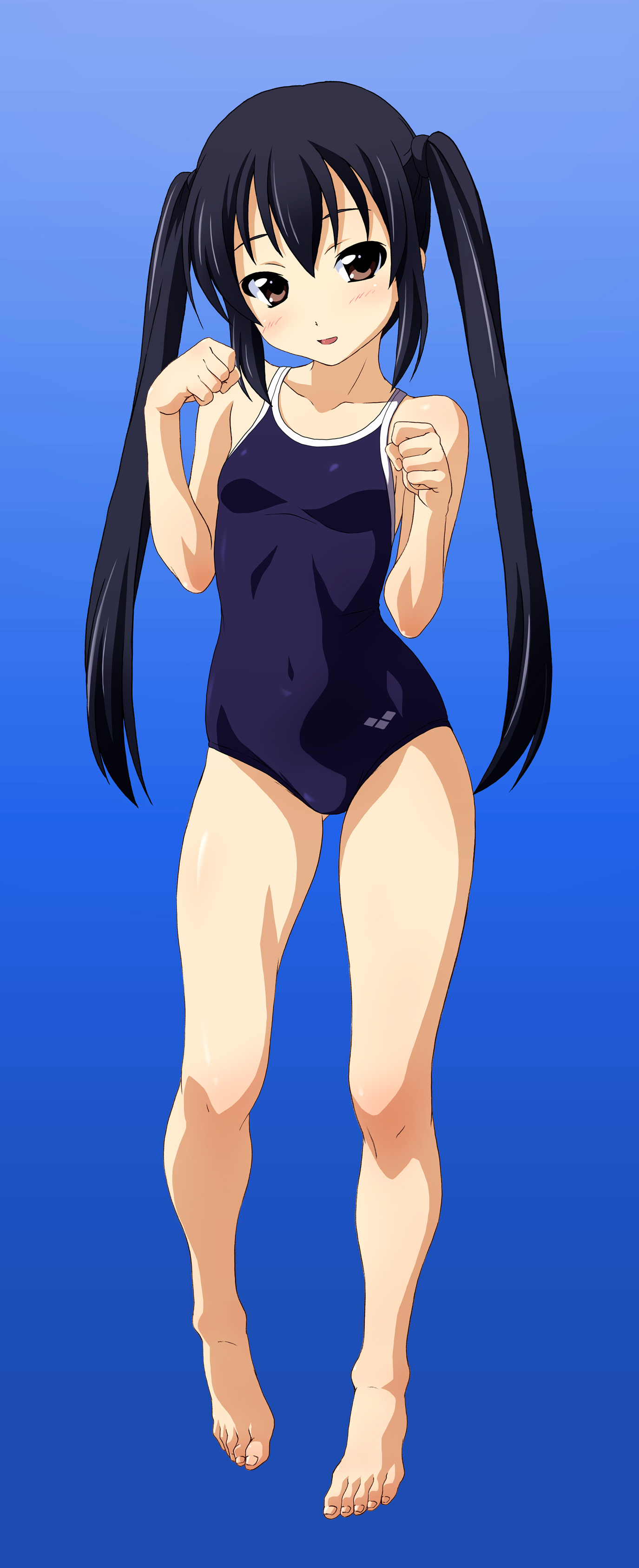 norizou type-r, nakano azusa, k-on!, absurdres, highres, 00s, 1girl, barefoot, black hair, blue hair, blush, brown eyes, competition school swimsuit, feet, female focus, flat chest, long hair, one-piece swimsuit, school swimsuit, solo, swimsuit, tail, twintails
