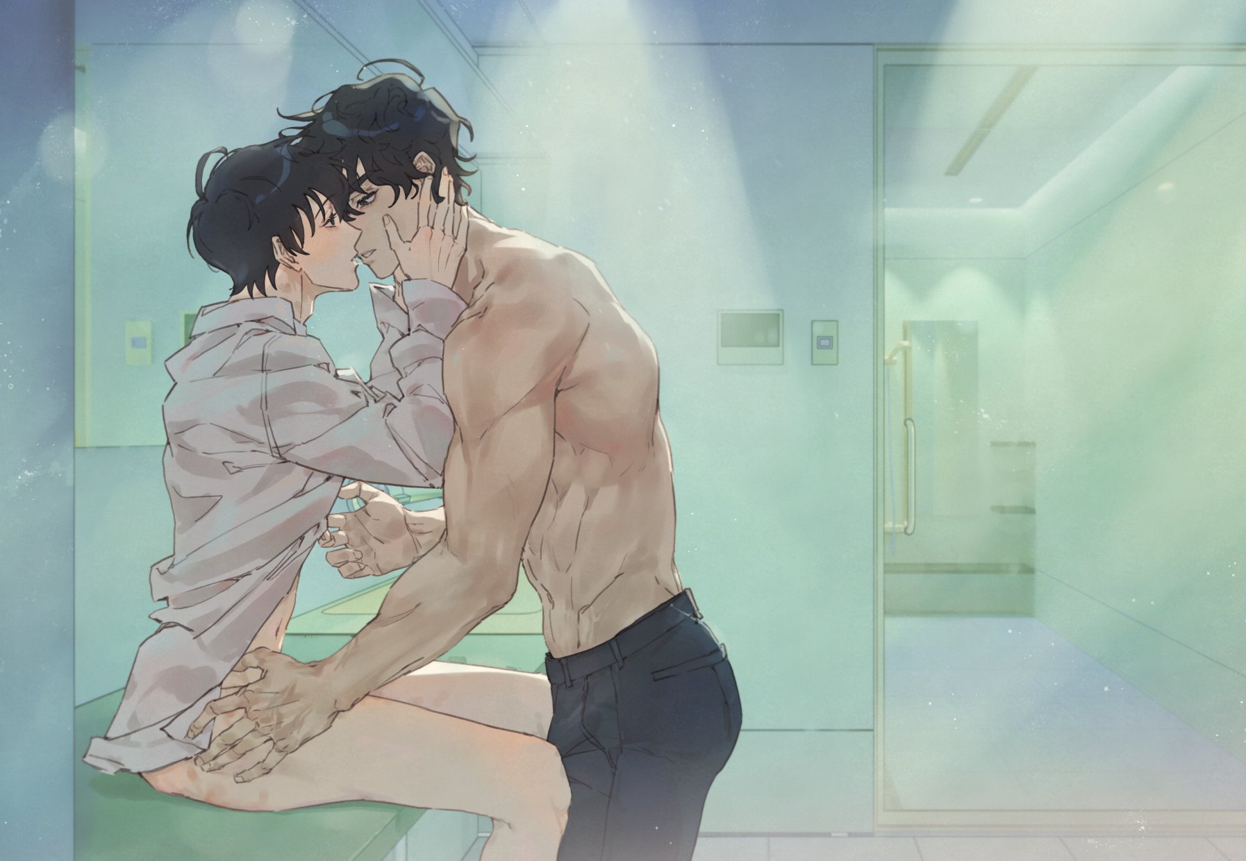 kim dokja, yoo joonghyuk, omniscient reader's viewpoint, highres, 2boys, bathroom, blush, ceiling light, collared shirt, forehead-to-forehead, hand on another's face, hand on another's leg, heads together, imminent kiss, indoors, making board, male focus, multiple boys, muscular, muscular male, no pants, open clothes, open shirt, shirt, shower (place), sitting, topless male, white shirt, yaoi