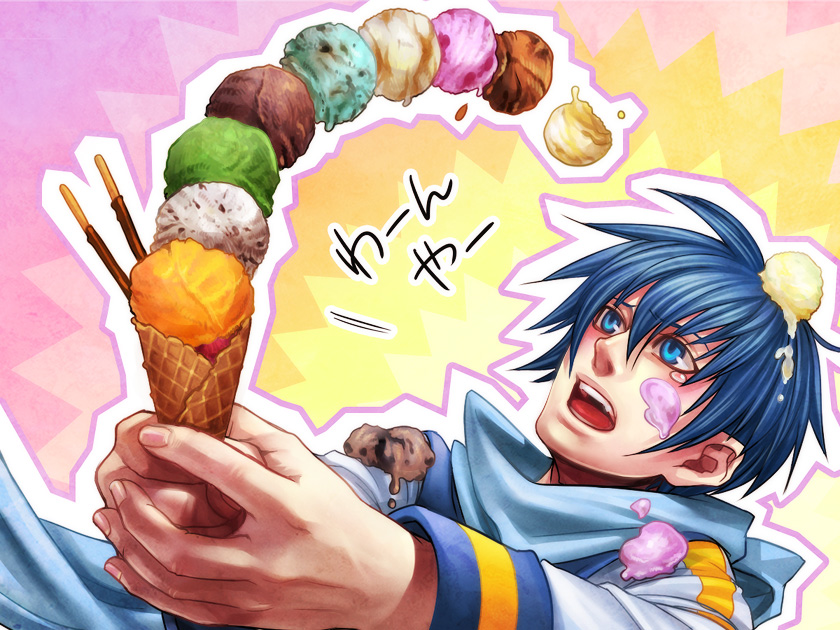 uniuni, kaito (vocaloid), vocaloid, 1boy, blue eyes, blue hair, blue scarf, blush, food, ice cream, male focus, matching hair/eyes, pocky, scarf, short hair, solo, tears