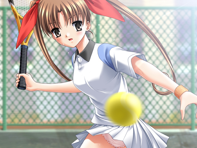 game cg, tagme, 1girl, brown eyes, brown hair, female focus, immoral(game), panties, racket, solo, sweat, tennis, tennis racket, underwear